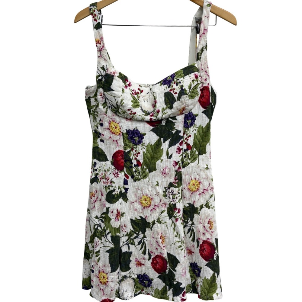 Seni & Cade Women Floral Mini Dress Ivory Purple Green Sweetheart Neck  L NWT